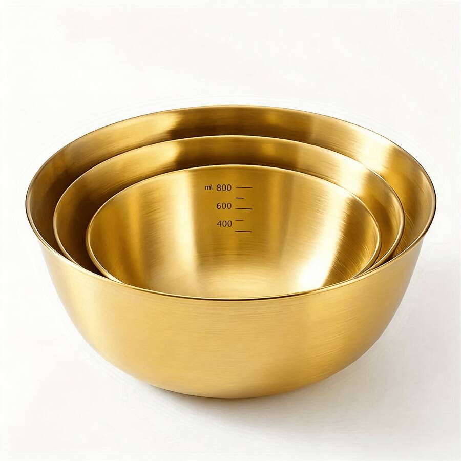 3 peças/1 peça Tigelas de Mistura de Aço Inoxidável Dourado com Marcas de Medição, Adequadas para Salada, Frutas, Massa, Fácil de Limpar, Tema de Feriado, Uso ao Ar Livre, Superfície de Metal Escovado, Tamanho Redondo 6,69", 7,48", 8,66"