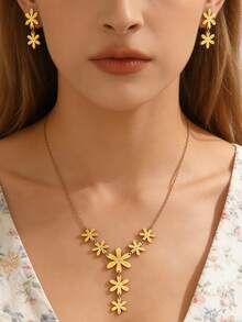 VceTd 1 Set de joyería de acero inoxidable lujosa y elegante con diseño de colgante floral con incrustaciones de vidrio, adecuada para la vida diaria de las mujeres, bodas, compromisos, regalos del Día de San Valentín o regalos del Día de la Madre - Amarillo Oro - Ver 3