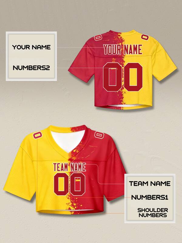 Top corto de jersey de fútbol rojo personalizado para mujer, estilo de ropa urbana con estampado de ciudad personalizable, nombre y número personalizables, entrega rápida, diseño off-shoulder