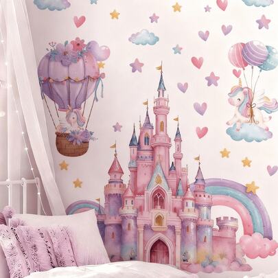 1 cái/2 cái - Giấy dán tường - [Lâu đài hồng] Giấy dán tường trang trí cho phòng ngủ bé trai/bé gái, phòng trẻ sơ sinh, phòng khách, decal dán tường có thể tháo rời, trang trí phòng trẻ em dễ thương và sáng tạo.