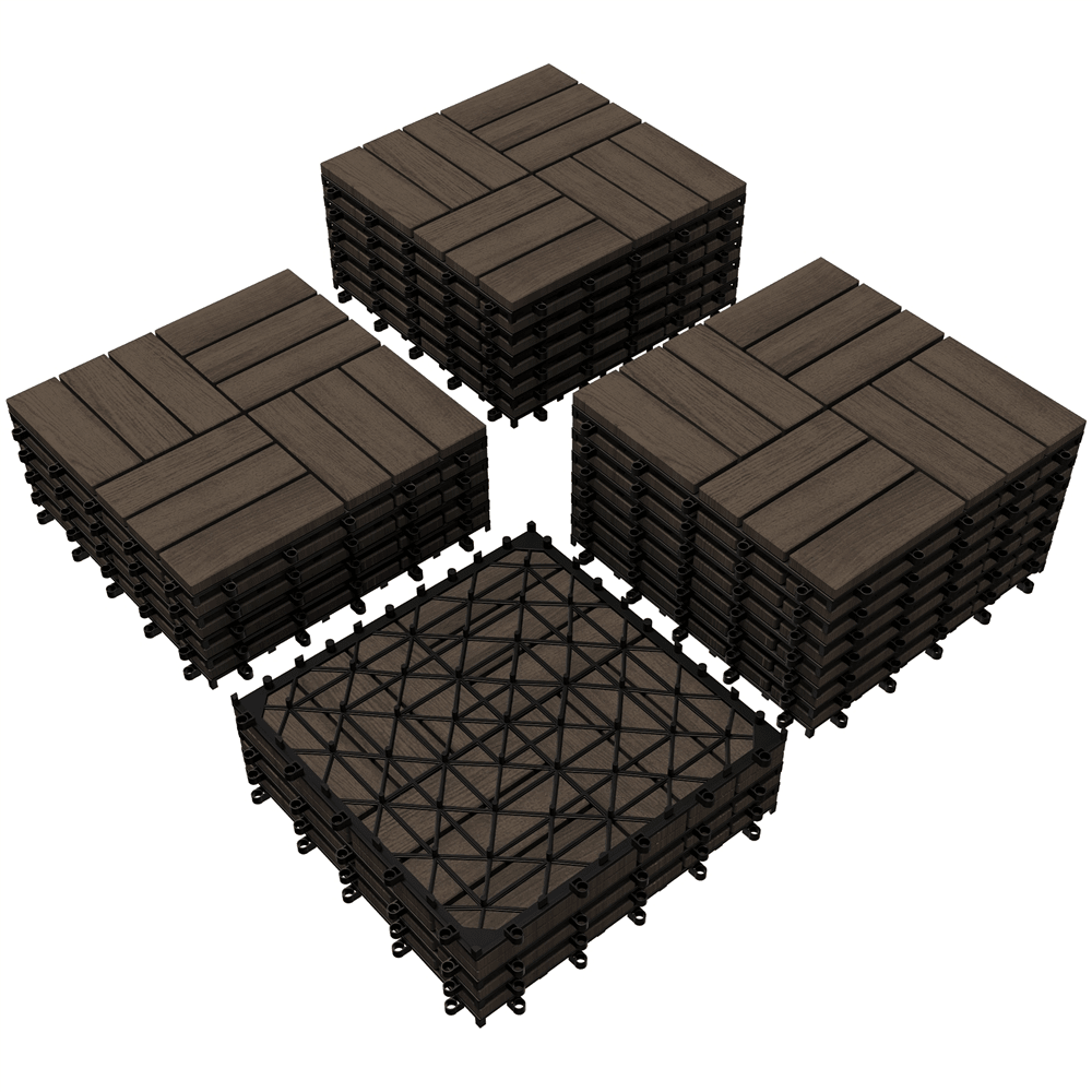 27 piezas Baldosas de cubierta entrelazables Butterslay Pisos de madera Baldosas de piso impermeables Bricolaje Baldosas de cubierta de muebles Piso impermeable para jardín, patio, borde de piscina, madera natural/negro