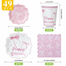 Pink Bow Birthday Petal Shaped Disposable Plate, Napkin, Cup Set, Plates, Napkins And Cups Party Supplies, Serves 8 Guests, Disposable Paper Plates Party Tableware Suitable For Birthday, Wedding, Theme Party, Family Picnic - Multicolor - View 9
