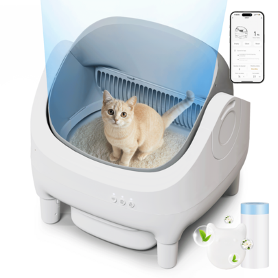  DEVOKO Caja de arena para gatos completamente abierta y autolimpiante con control inteligente mediante aplicación y eliminación de olores, incluye contenedor de desechos de 12 litros y bolsas de desechos