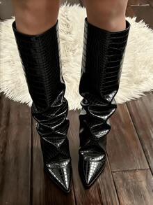 Shark Boots Women's Knee High Boots Fold Over Boots Slouchy Chunky High Heels Shoes Wide Calf Pointed Toe Shoes - 黑色石頭紋 - 查看 7