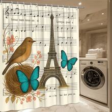 Tower Bird Shower Curtain, Floral Music Notes Design - White - View 4