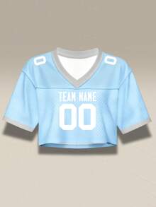 Áo croptop bóng đá nữ màu xanh nhạt thiết kế riêng, in tên và số áo của thành phố, kiểu trễ vai, phong cách đường phố, có thể tùy chỉnh, giao hàng nhanh. - Rửa nhẹ - Xem 3