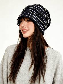 1顶条纹宽松针织帽，休闲简约风格，轻盈透气设计，多种颜色可选，均码，适合大多数女性和青少年，适合日常佩戴、街头穿搭、旅行和通勤，四季皆宜的时尚头饰。 - A - 查看 2