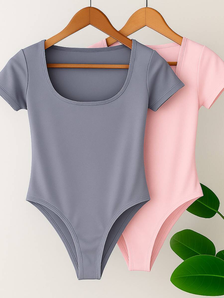 Set Of 2 Women's Bodysuits With Square Neckline And Short Sleeves, Spandex Fabric - 灰/粉紅色嬰兒 - 查看 1
