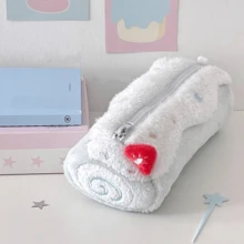 1pc New Cream Swiss Roll Plush Pencil Case, Cute Student Large Capacity Desk Stationery Box Pencil Bag - Swiss Roll - View 5
