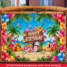 1 件装，夏威夷露台生日派对横幅 - 热带花卉、生日快乐字样、乐器 - 轻质涤纶装饰，适用于室内/室外生日派对、露台、婚礼、拍照背景 - 派对装饰、节日庆典、色彩鲜艳、高分辨率印刷、活动背景、活动策划 - 彩色 - 查看 5