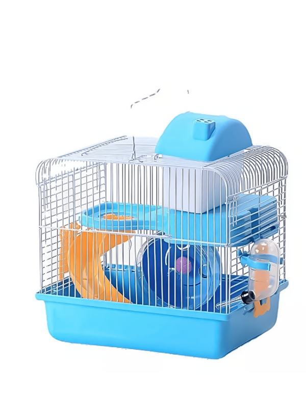 La jaula para hámster incluye una casita para el hámster, un dispensador de agua, una rueda para correr y un tobogán, todo ello con un diseño atractivo y práctico.