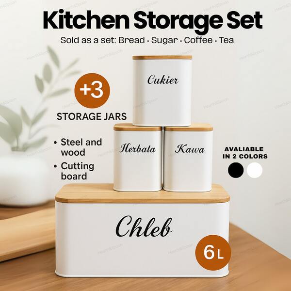 4-Piece Kitchen Storage Set With Bread Box 6L And 3 Jars For Sugar, Coffee, Tea,Iron And Bamboo Design, Modern Countertop Organizer For Home Kitchen, Available In Black Or White