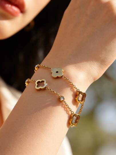 VceTd 1/2 piezas Pulsera elegante de acero inoxidable con diseño de flor de cuatro hojas incrustada en vidrio, adecuada para uso diario, ir al trabajo, fiestas, vacaciones o como regalo para seres queridos