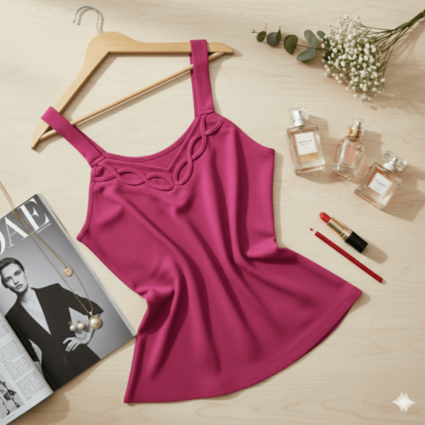 Blusa regata feminina, com alças grossas não reguláveis e detalhe trançado na frente.