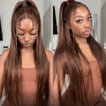 ZHENDEFA 360 Degree Full Lace Front Wig With Drawstring, Smooth Wavy Chocolate Brown Hair, 200 Density - S4 - View 2