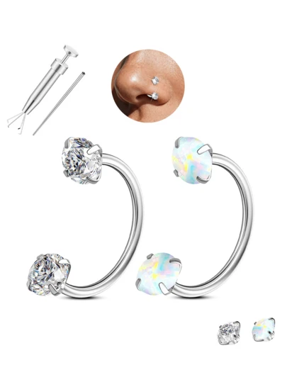 20G (0.8mm) / 18G (1.0mm) Aro de nariz en forma de herradura de 8mm con engaste de piedra preciosa con rosca externa, incluye un retenedor en forma de bola y una guía de inserción con rosca externa.
