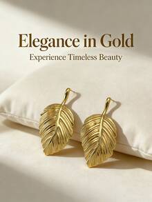 Stainless Steel Gold-Plated Leaf Stud Earrings, Low Allergenic, Nickel-Free, Women's Exaggerated Stud Earrings, Thick Gold Women's Stud Earrings, Fashionable Declaration Geometric Texture Lightweight Anti-Allergy Stud Earrings - Multicolor - View 4