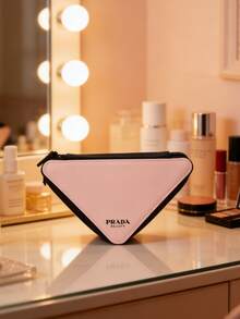 Prada Materiel, Makeup Bag, Pink Triangle Makeup Bag, Large Capacity, Travel Toiletry Bag, Portable Organizer, Zipper Pouch, Triangle Cosmetic Bag - Black and Pink - View 1