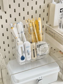 1个透明亚克力三格笔筒多功能收纳盒，适用于办公室、学生书桌、化妆品、护肤品收纳——时尚紧凑的桌面收纳，节省空间，现代透明桌面配件，适合返校季、宿舍、家庭办公室、梳妆台和美容站；非常适合学习角、工艺桌、梳妆台，可收纳化妆工具、钢笔、铅笔、刷子、护肤品罐子和小配件 - 彩色 - 查看 8