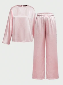 2pcs/Set Elegant Commuting & Casual Vintage Coin Pattern Silk-Like Satin Texture Women Outfit Pink Spring - Pink - View 7