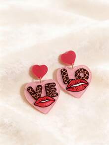 Pink Snail 1 Pair Creative Red Lip & Heart Acrylic Drop Dangle Earrings, Funny Statement Earrings For Women, Girls, Suitable For Valentine's Day, Summer, Winter, Vacation, Holiday, Beach Party, Gifts For Her, Couples - Red Lips and a Heart - View 3