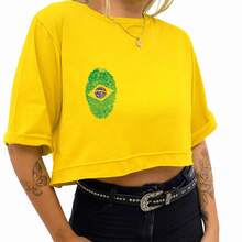 Cropped Cotton Oversized Top With Brazil Digital Print 1005 Premium Comfortable Fabric World Cup Players Team - 黃色 - 查看 1