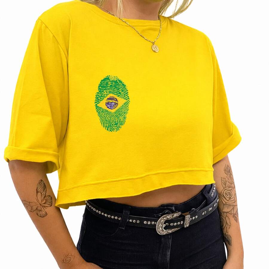 Cropped Cotton Oversized Top With Brazil Digital Print 1005 Premium Comfortable Fabric World Cup Players Team - 黃色 - 查看 1
