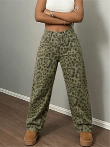 Women Spring Summer Casual Old Money Leopard Print Wide Leg Jeans Loose Pants - 棕色 - 查看 7