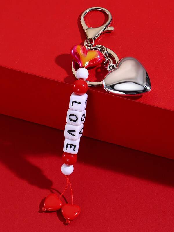 1pc "LOVE" Letter Beaded Heart Keychain Pendant, Creative Keychain Decor, Pendant Included, Gift For Friends, Family, Valentine's Day, Birthday, Holiday, Party Accessories