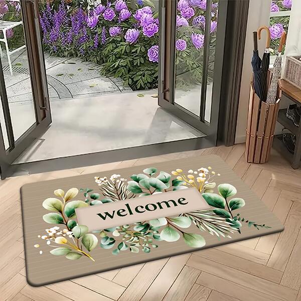 1/2 piezas Juego de felpudo y alfombra de piso con hojas de eucalipto, con diseños de hojas verdes y pequeños patrones florales, elegante y natural. Adecuado para entradas, escaleras y pasillos, creando una atmósfera cálida y confortable.