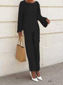 Set 2 buc., elegant, pentru naveta și casual, model vintage de monede, cu textură satinată asemănătoare mătăsii, ținută de damă, negru de primăvară - Negru - Vizualizare 2