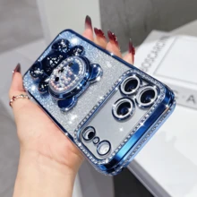 Bling Gradient Glitter Rhinestone Cartoon Candy Liquid Bead Bear Foldable Stand Phone Case Compatible With IPhone 17 16e 15 14 13 12 Pro Max 14 15 Plus 11, Galaxy A05 A05S A06 A07 A17 A12 A13 A14 A15 A25 A33 A35 A52 A53 A54 A55, S23 S24 S25, EDGE, Mate 50 60, X9a X9b, Magic 5 Lite 6 Lite, S23 S24 S25 - Blue - View 6