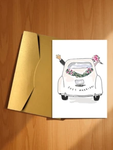 1pc Classic Car Illustration Newlywed Congratulations Card, Cartoon Animal Theme, Paper Material, Versatile For Bride & Groom - Sets - View 13