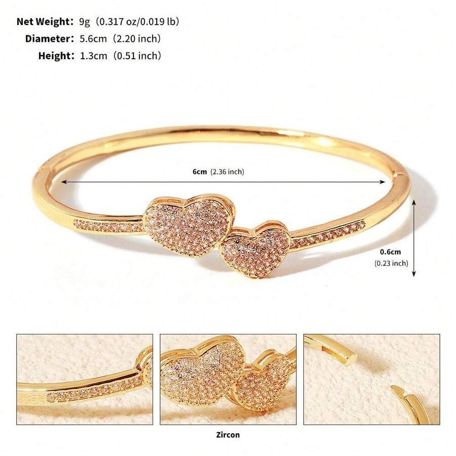 1件装18K镀金铜手链，镶嵌锆石，简约设计，高端日常女士饰品 - 愛心 - 查看 1