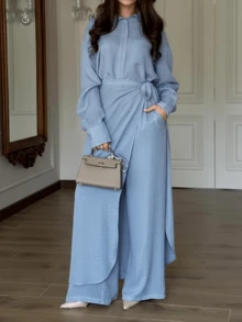 3er Set: Hellblaues Hemd mit Knöpfen vorne, Rock mit Schlitz an der Seite, und Lässig Hose für Damen, elegante Frühlings-Pendler-Garderobe - Babyblau - Übersicht 9