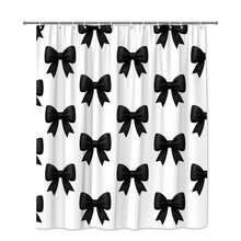 Black Bow Shower Curtain On White Background, Decorative Bath Curtain - White - View 2