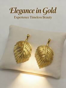 Stainless Steel Gold-Plated Leaf Stud Earrings, Low Allergenic, Nickel-Free, Women's Exaggerated Stud Earrings, Thick Gold Women's Stud Earrings, Fashionable Declaration Geometric Texture Lightweight Anti-Allergy Stud Earrings - Multicolor - View 3