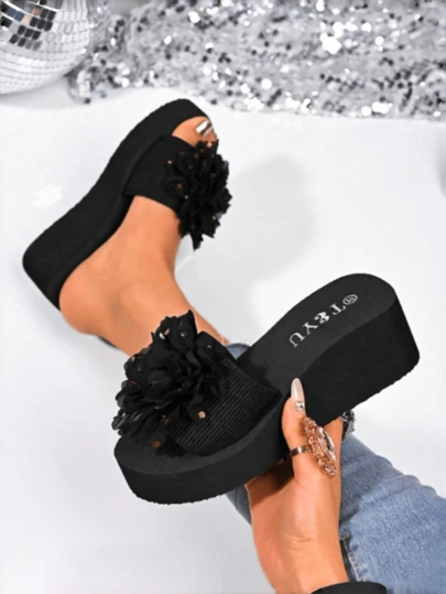 1双ins风厚底套脚女式凉鞋 - 时尚花朵蝴蝶结坡跟凉鞋 - 百搭夏季外穿凉鞋