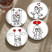 Minimalist Hand-Painted Couple Theme Coasters, Depicting Romantic Everyday Moments Like Swinging, Holding Hands, Hugging, And Sitting On A Bench, Using Simple Black Lines And Vibrant Red Heart Elements (Balloons, Floating Hearts). The Minimalist Black And White Line Art With Striking Red Hearts Conveys A Pure, Sweet Atmosphere Of Love. - Wooden Board-circle Coaster - View 5