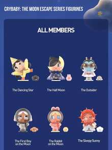 Bộ hộp bí ẩn POP MART CRYBABY Crying Moon, gồm 12 mẫu thông thường và 1 mẫu bí mật, tất cả đều lấy cảm hứng từ mặt trăng và không gian huyền ảo. Các mẫu bao gồm Ngôi sao nhảy múa, Trăng khuyết, Thỏ mặt trăng và Du khách vũ trụ. Mẫu bí mật là "Ngôi sao ước nguyện". Bộ sưu tập câu chuyện tinh tế này được thiết kế dành cho người hâm mộ CRYBABY, những người sưu tập hộp bí ẩn và những người yêu nghệ thuật, là món quà hoàn hảo cho sinh nhật và các ngày lễ. - Nhiều màu - Xem 3