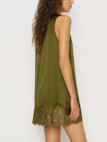 Women Satin Silk Lace Trim Mini Dress Sleeveless Crew Neck Loose Fit Tank Dress Elegant Straightline Short Dresses Summer Loung Sleep Pajama Dress Casual Daily Going Out Dress Streetwear - 綠色 - 查看 2