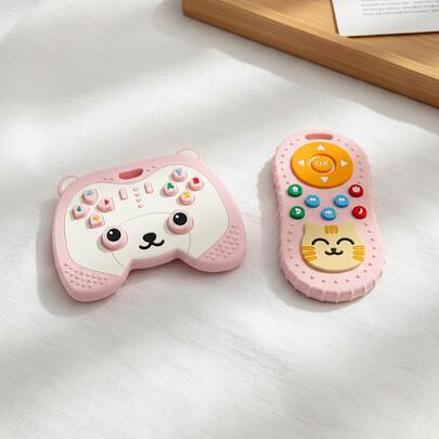 ETETOO 2 件装婴儿游戏手柄和电视遥控器造型牙胶套装，可爱小熊和小猫硅胶感官玩具，非电动咀嚼玩具礼品