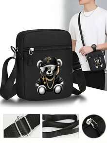 1pc/2pcs Hip Hop Bear Print Men's Baseball Cap And Crossbody Bag Set, Street Fashion Outdoor Sports Unisex Baseball Cap Flat Brim Hat And Shoulder Bag, Adjustable, Gift For Yourself Or Friends - 彩色 - 查看 3