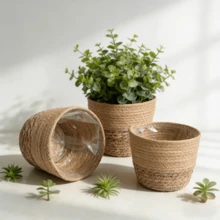 北欧风手工编织草编花盆套装，绿植收纳篮，带防水内衬，有大/中/小三种尺寸可选，适用于客厅和阳台装饰 - A - 查看 5