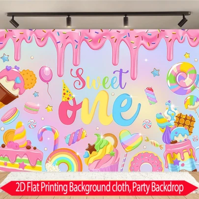 1pc Colorful Birthday Background Cloth, With Background Design Of Candies And Desserts, High-Definition Printing On Polyester Fabric, Suitable For Parties, Courtyards, Home Wall Decorations And Photography Background Supplies