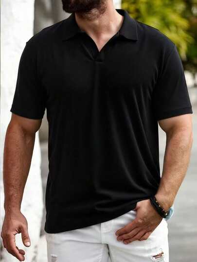 Men's Solid Color Turndown Collar Airplane Collar Short Sleeve T-Shirt