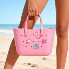Miniso Barbie Sunlight Sparkle Series Summer EVA Beach Basket Tote Bag, Hollow Handbag, Cartoon Cute Shoulder Bag, Lunch Bag, Perfect For Beach Vacation, Travel And Holiday Essentials - Pink - View 2