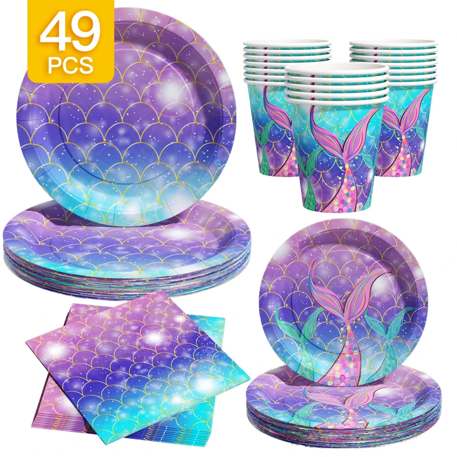 1 Set Iridescent Fish Scale Disposable Plates, Napkins And Cups, Serves 8 Guests, Suitable For Birthday, Wedding, Party, Family Picnic - Multicolor - View 1