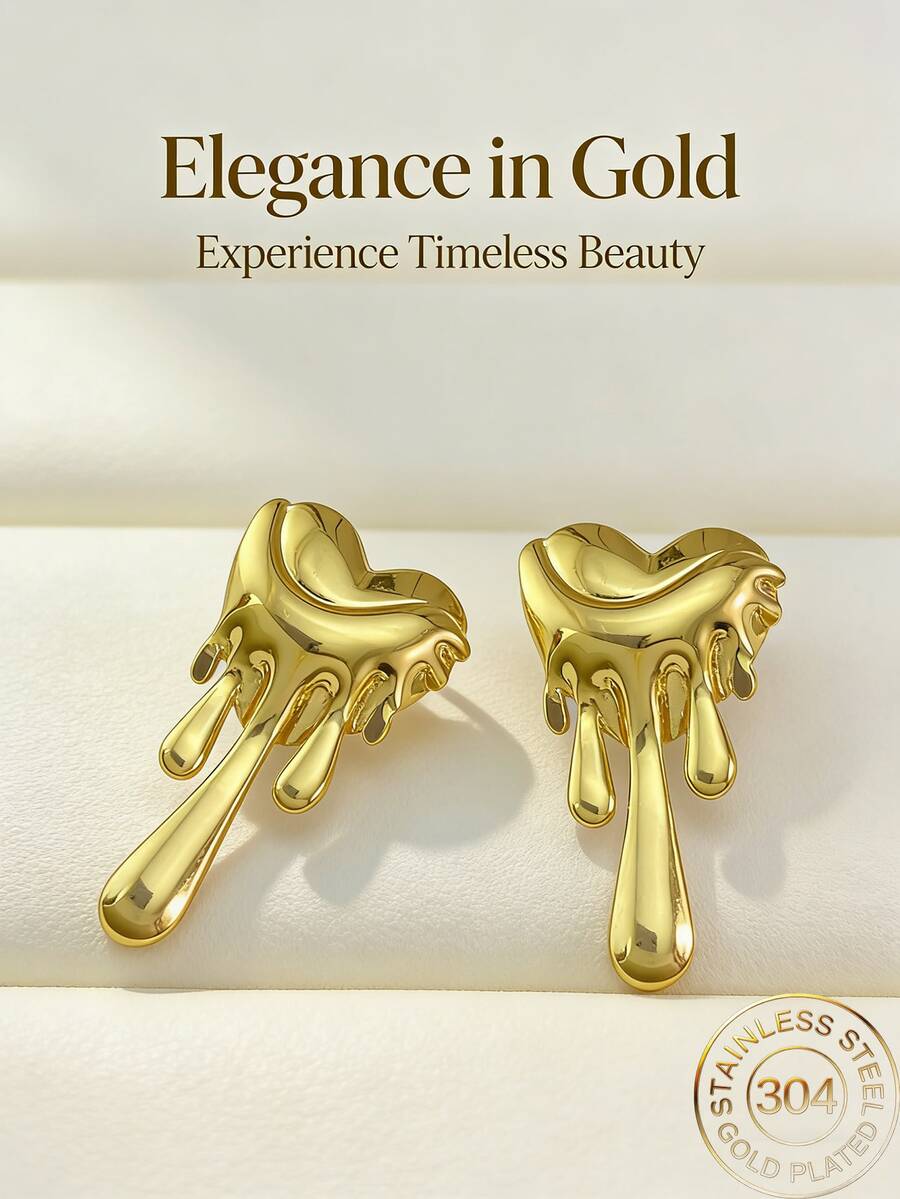 Stainless Steel Gold-Plated Ear Studs, Concave-Convex Texture, Low Allergenic, Nickel-Free, Heart-Shaped Ear Studs, Thick Gold Lady's Ear Studs, Fashionable Declaration Geometric Texture Lightweight Anti-Allergy Ear Studs, Retro Jewelry Dance Party Gifts, Lady's Ear Studs, Fashionable Heavy And Unique Pendant Ear Studs, Lady's Gold Earring Set, Exquisite Gold-Plated Pendant Ear Studs, Anti-Allergy Ear Studs, Fashionable Jewelry, Lady's Gifts - Multicolor - View 1