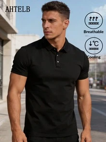 AHTELB Men's Summer Short Sleeve T-Shirt, Business Casual Lightweight Breathable Solid Color Silk Polo Collar Gym Wear - Black - View 1